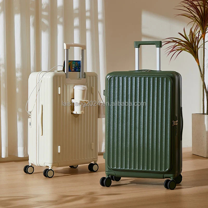 HKM-301843 ABS Luggage Set - 3-Piece Travel Suitcase with Wheels and Cup Holder Trolley Bag