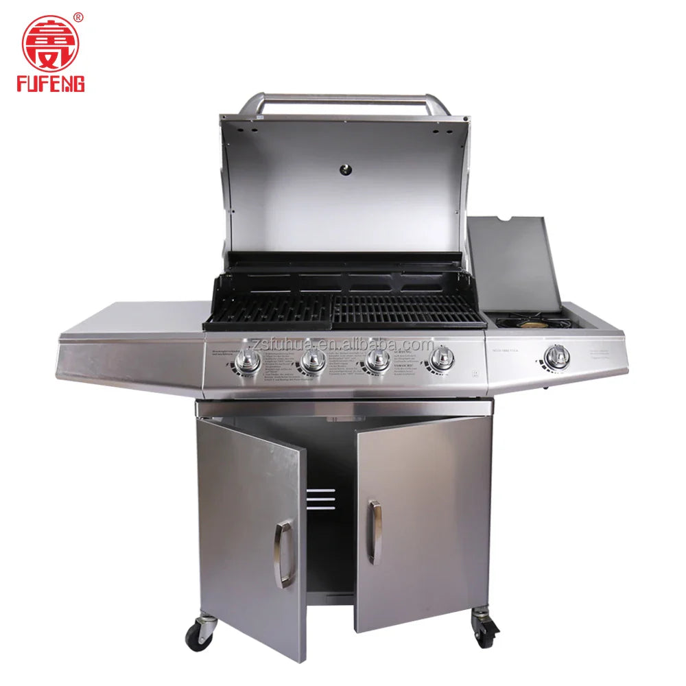 HKM-301971 Stainless Steel Outdoor Gas BBQ Grill with Integrated Kitchen Cabinet and Charcoal Smoker