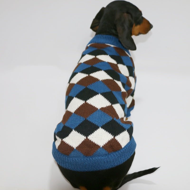 HKM-3020221 Cozy Blue Coffee Rhombus Pattern Sweater for Pets - Multiple Sizes Available