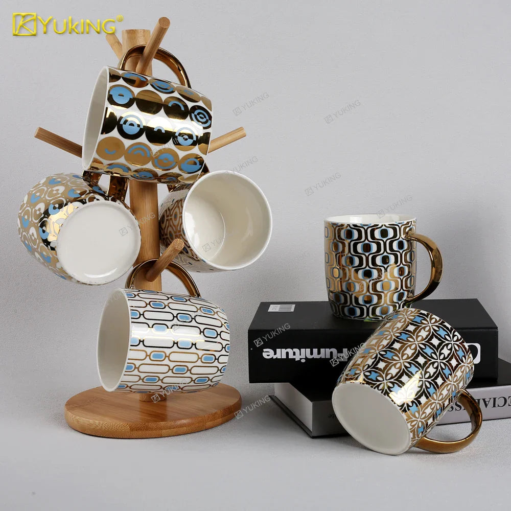 HKM-302035 Light Luxury Ceramic Coffee Mug with Customisable Gold-Plated Handle