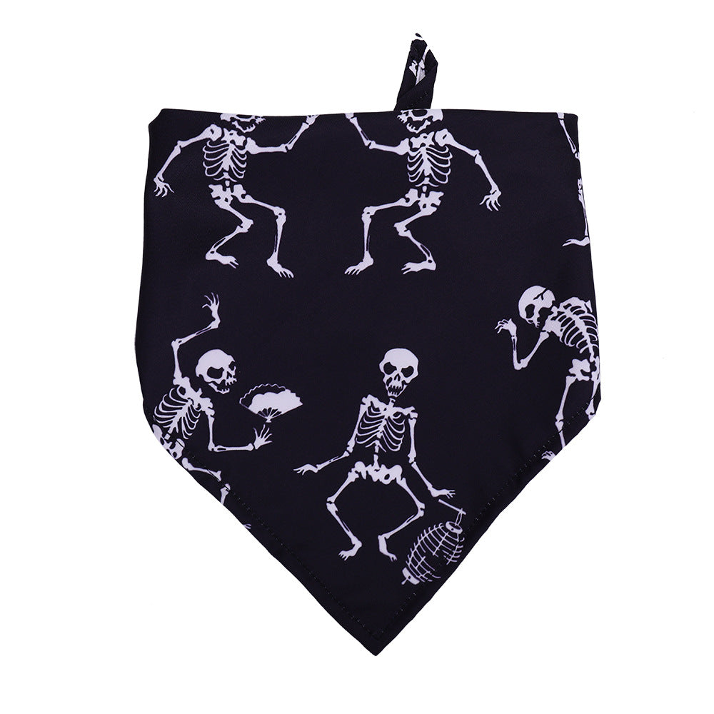 HKM-3023037 Halloween Skull Print Dog Scarf - Triangle Towel for Pets, Polyester, Medium Size