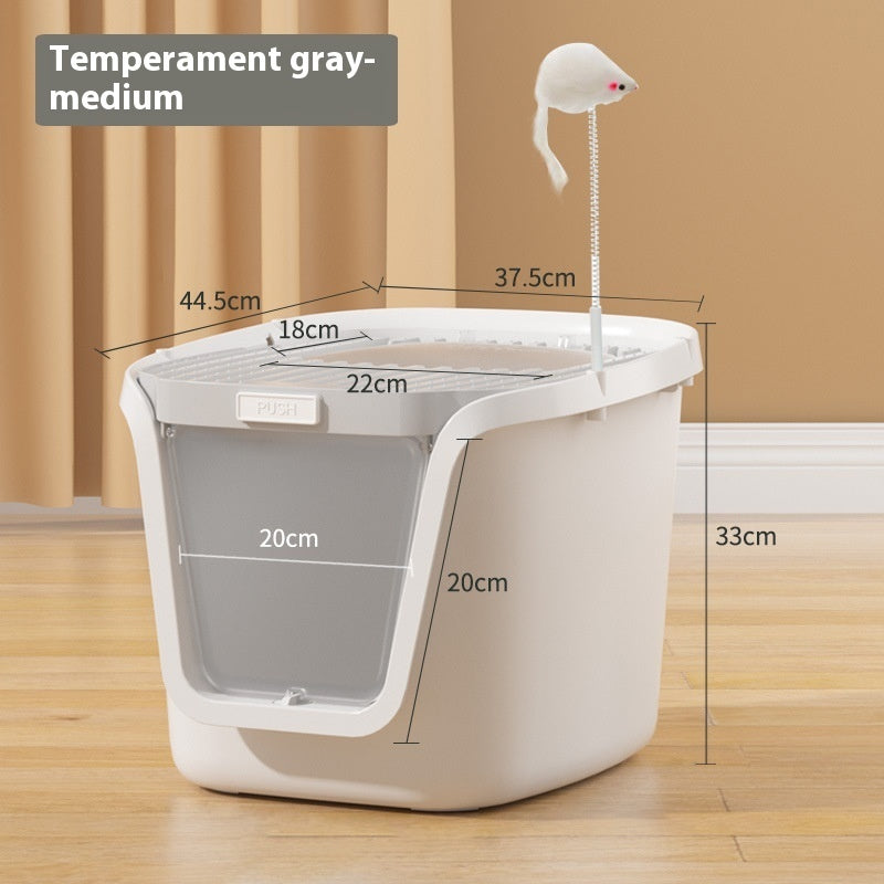 HKM-3026877 Extra Large Splash-Proof Fully Enclosed Cat Litter Box with Deodorizing Film, Cat Shovel, and Teaser Pole in Multiple Colors