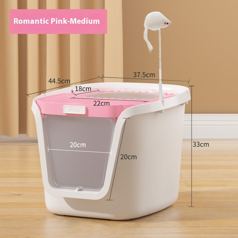 HKM-3026877 Extra Large Splash-Proof Fully Enclosed Cat Litter Box with Deodorizing Film, Cat Shovel, and Teaser Pole in Multiple Colors