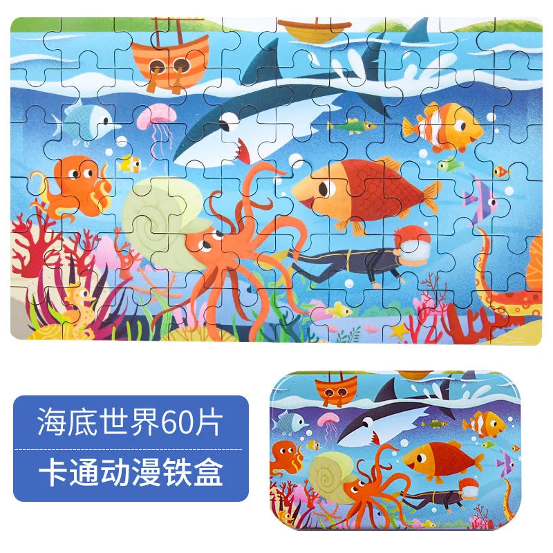 HKM-303059 60-Piece Wooden Jigsaw Puzzle Set Featuring Animal Cartoon Characters for Early Education