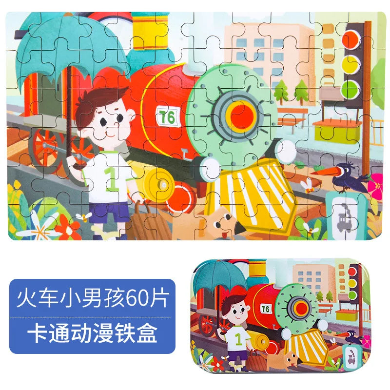 HKM-303059 60-Piece Wooden Jigsaw Puzzle Set Featuring Animal Cartoon Characters for Early Education