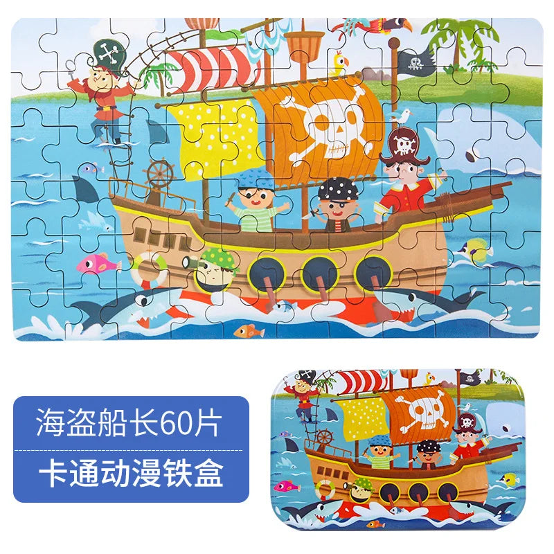 HKM-303059 60-Piece Wooden Jigsaw Puzzle Set Featuring Animal Cartoon Characters for Early Education