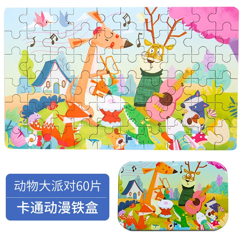 HKM-303059 60-Piece Wooden Jigsaw Puzzle Set Featuring Animal Cartoon Characters for Early Education