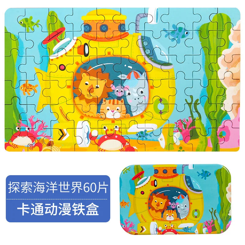 HKM-303059 60-Piece Wooden Jigsaw Puzzle Set Featuring Animal Cartoon Characters for Early Education
