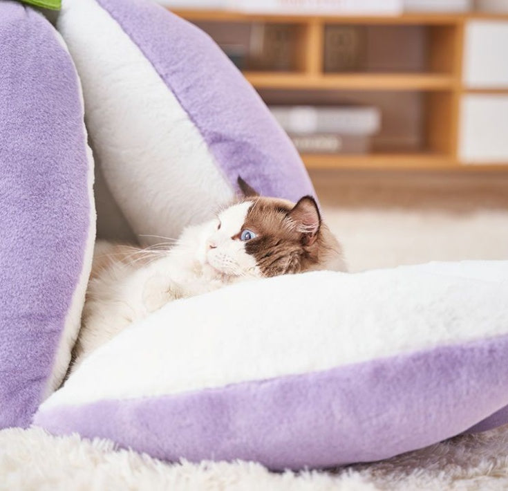 HKM-3031229 Cozy Cotton Cat Nest Bed with Semi-Closed Design in Purple, Available in Small and Large Sizes