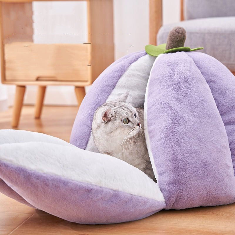 HKM-3031229 Cozy Cotton Cat Nest Bed with Semi-Closed Design in Purple, Available in Small and Large Sizes