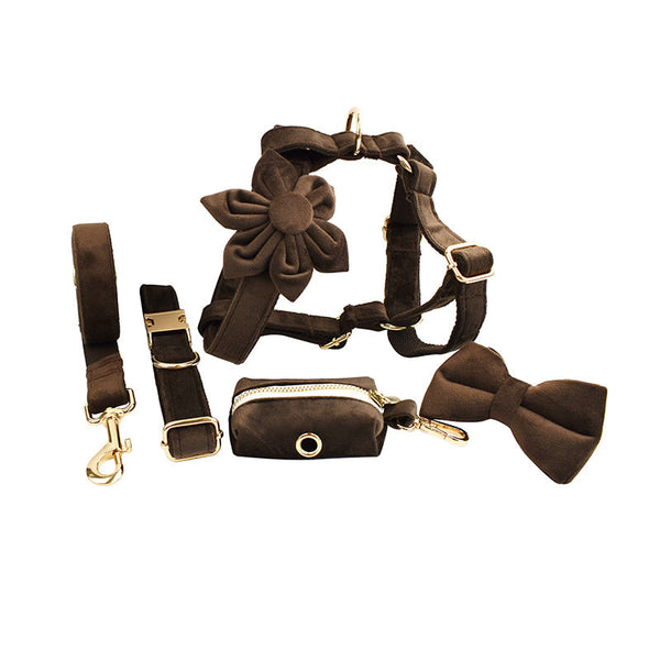 HKM-3032637 Velvet Fabric Dog Collar with Leash, Bow, Flower, Vest, and Poop Bag