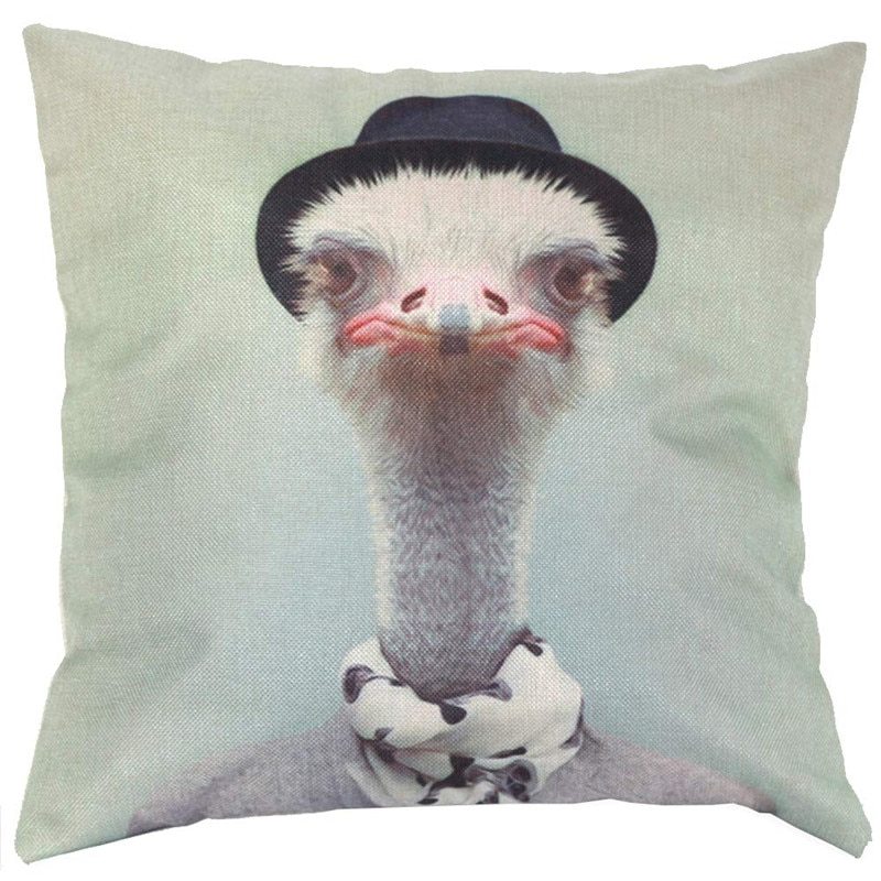 HKM-303443 Ostrich Animal Pattern Cushion Cover - 45x45cm Cotton Decorative Pillowcase with Invisible Zipper