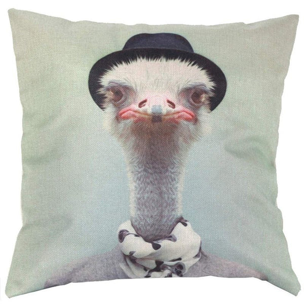HKM-303443 Ostrich Animal Pattern Cushion Cover - 45x45cm Cotton Decorative Pillowcase with Invisible Zipper