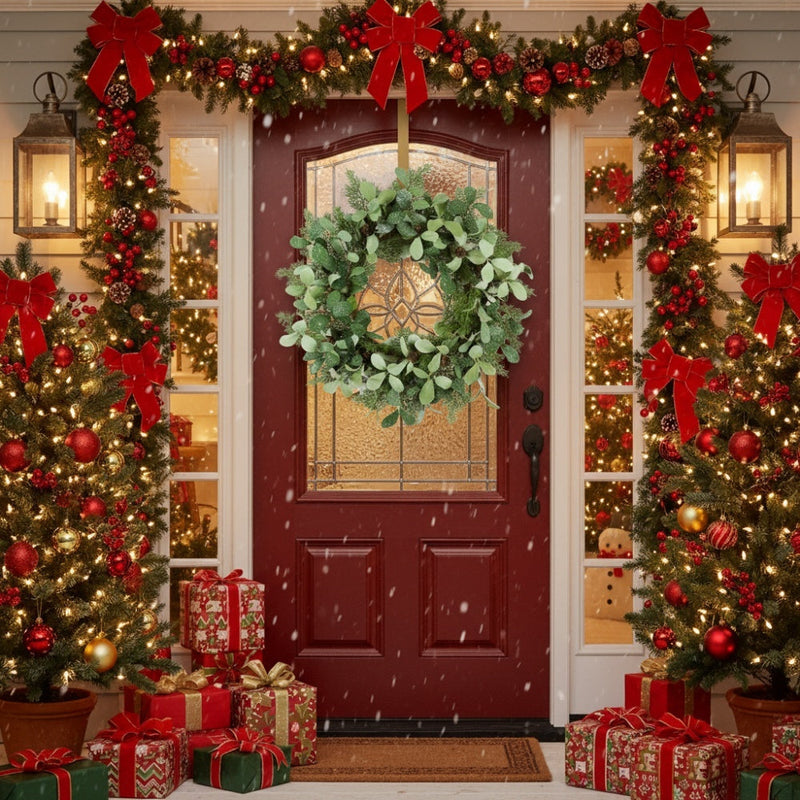 HKM-303571 24-Inch Artificial Cedar Christmas Wreath with Pinecone and Berry Accents for Holiday Door Decor