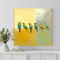 HKM-303699 Hand-Painted Abstract Oil Painting of Birds on Silver Yellow Canvas - Modern Minimalist Wall Art for Living Room and Entryway Decor