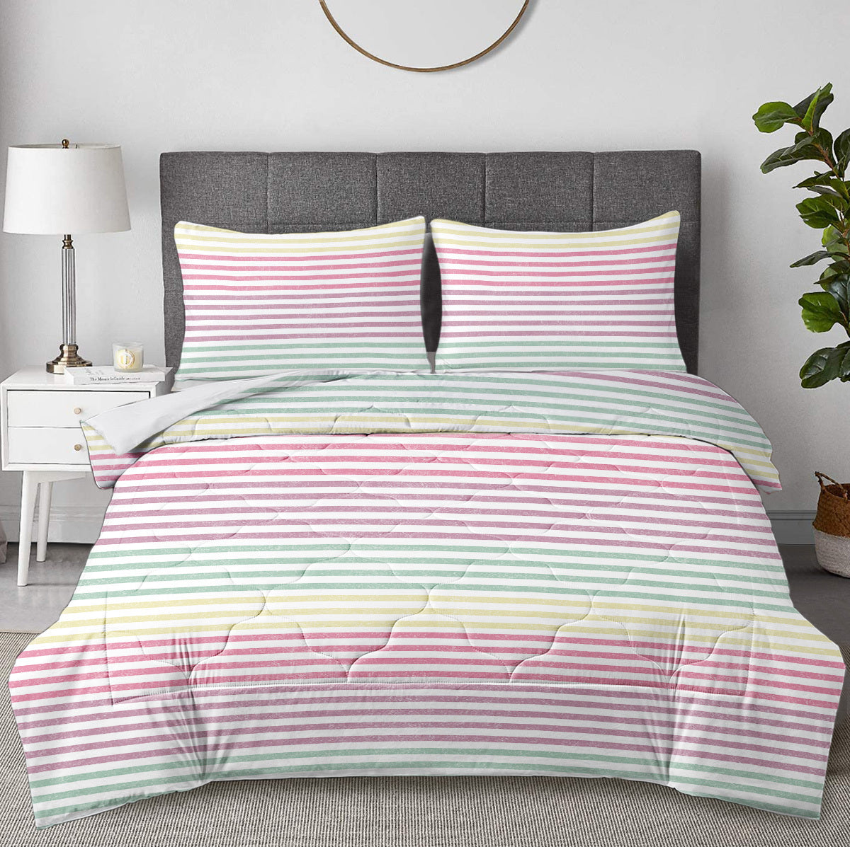 HKM-303763 Rainbow Striped Comforter Set with 2 Pillow Shams - Soft Microfiber Bedding for Full Size Comfort
