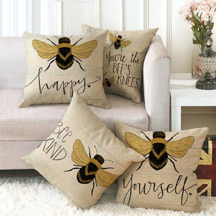HKM-303891 Little Bee Pattern Printed Linen Pillow Cover - 45x45cm