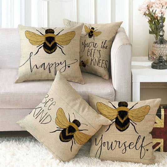 HKM-303891 Little Bee Pattern Printed Linen Pillow Cover - 45x45cm