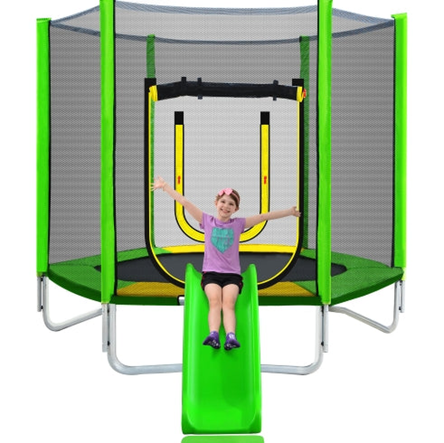HKM-303955 7FT Outdoor Trampoline for Kids with Safety Enclosure, Slide, and Ladder - Easy Assembly