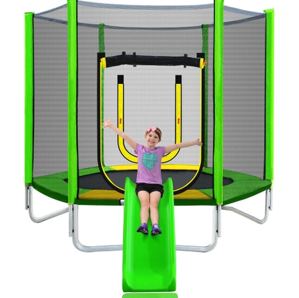 HKM-303955 7FT Outdoor Trampoline for Kids with Safety Enclosure, Slide, and Ladder - Easy Assembly