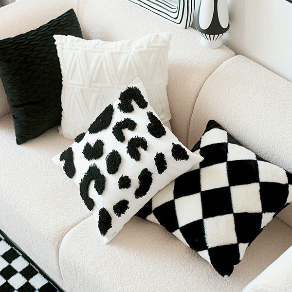HKM-304211 Retro Rabbit Fur Checkerboard Sofa Cushion Cover and Pillow Set - 45x45cm