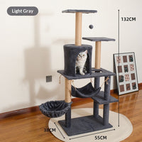 HKM-3044285 Cat Tree with Dedicated Bed - Wood Minimalist Design in Light Gray, Dark Gray, and Beige, 55x38x132 cm