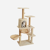 HKM-3044285 Cat Tree with Dedicated Bed - Wood Minimalist Design in Light Gray, Dark Gray, and Beige, 55x38x132 cm
