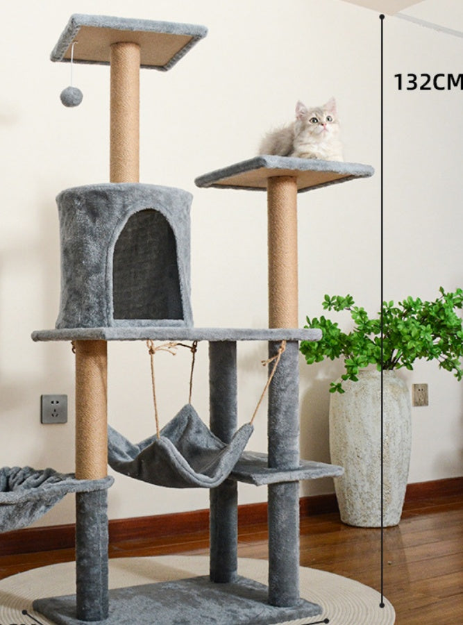 HKM-3044285 Cat Tree with Dedicated Bed - Wood Minimalist Design in Light Gray, Dark Gray, and Beige, 55x38x132 cm