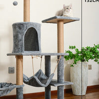 HKM-3044285 Cat Tree with Dedicated Bed - Wood Minimalist Design in Light Gray, Dark Gray, and Beige, 55x38x132 cm
