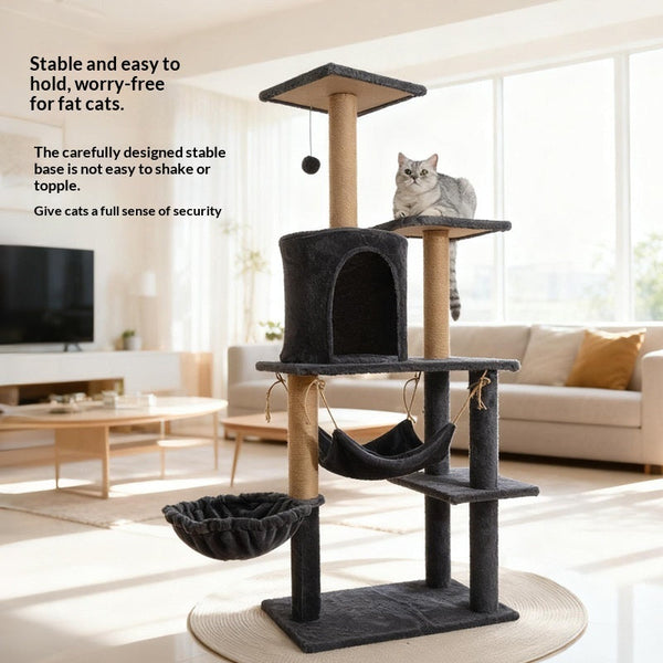 HKM-3044285 Cat Tree with Dedicated Bed - Wood Minimalist Design in Light Gray, Dark Gray, and Beige, 55x38x132 cm