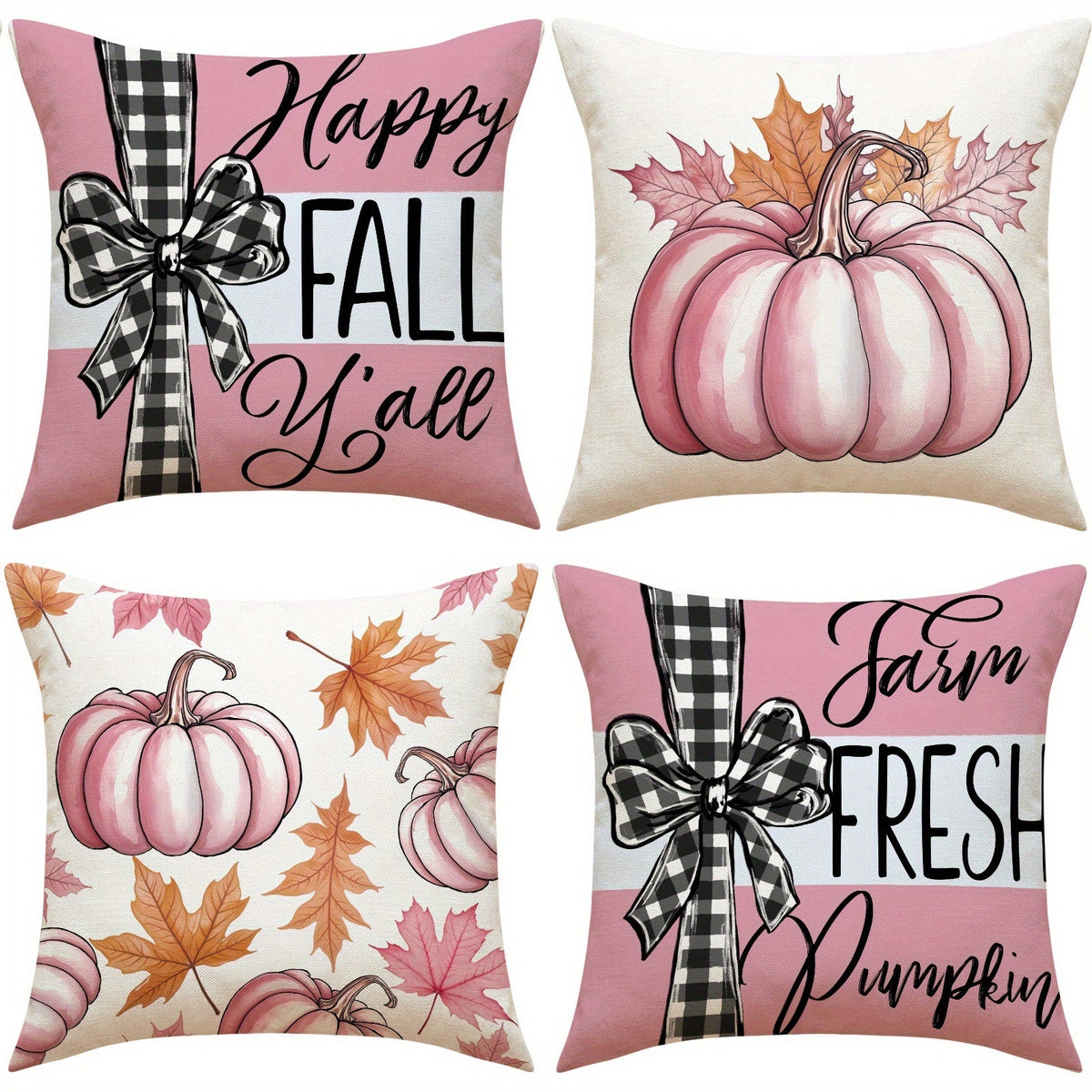 HKM-304595 Autumn 4-Pack Pillow Covers 18x18in with Pumpkin and Maple Leaf Design for Seasonal Home Decor