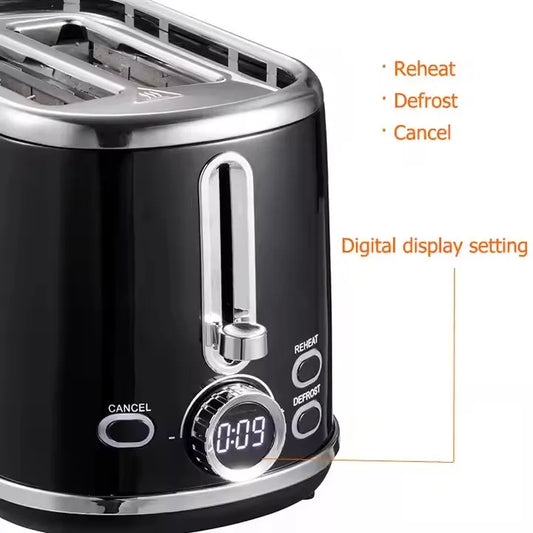 HKM-304659 900W Retro Digital 2-Slice Black Wide Toaster with Timer