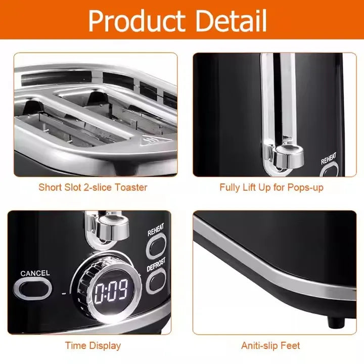 HKM-304659 900W Retro Digital 2-Slice Black Wide Toaster with Timer