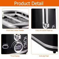 HKM-304659 900W Retro Digital 2-Slice Black Wide Toaster with Timer