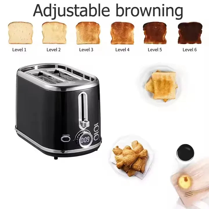 HKM-304659 900W Retro Digital 2-Slice Black Wide Toaster with Timer