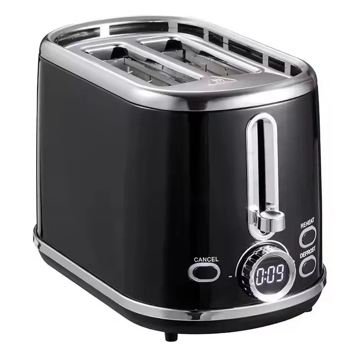HKM-304659 900W Retro Digital 2-Slice Black Wide Toaster with Timer