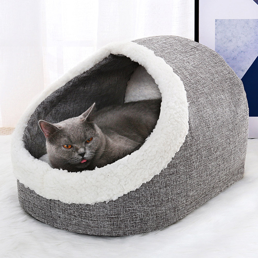 HKM-3046717 Cozy Cloth Dog and Cat Kennel for Autumn and Winter, Beige and Gray, 46x35x30cm, Suitable for Pets Under 7.5kg