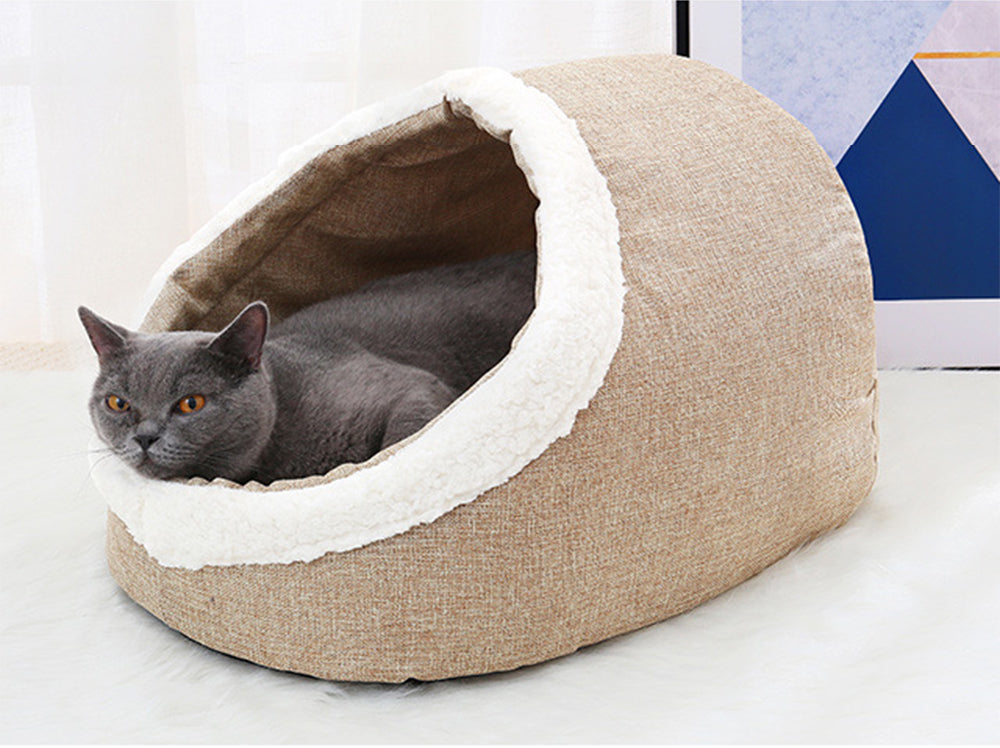 HKM-3046717 Cozy Cloth Dog and Cat Kennel for Autumn and Winter, Beige and Gray, 46x35x30cm, Suitable for Pets Under 7.5kg