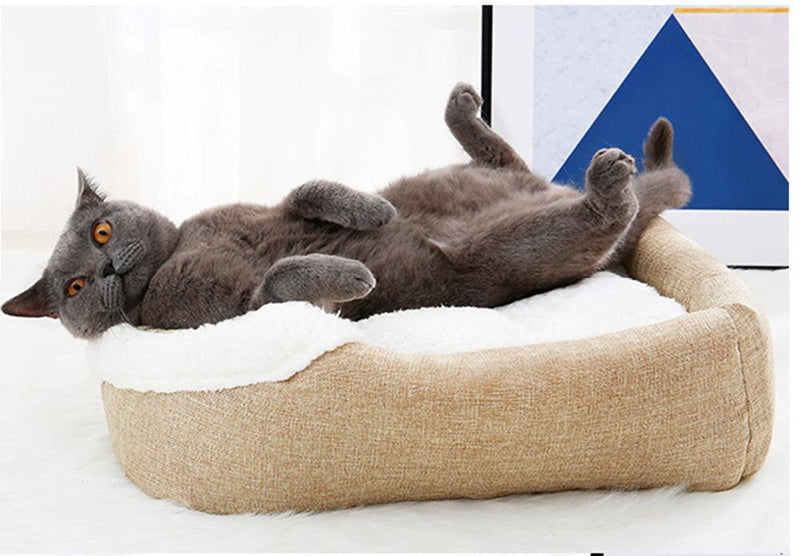 HKM-3046717 Cozy Cloth Dog and Cat Kennel for Autumn and Winter, Beige and Gray, 46x35x30cm, Suitable for Pets Under 7.5kg