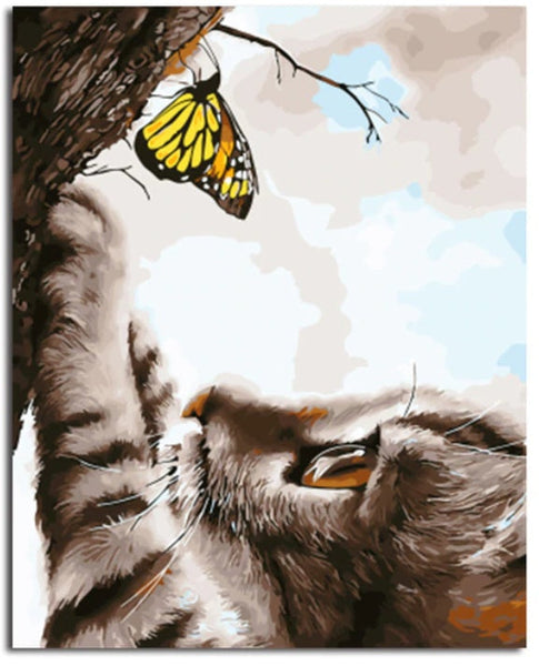 HKM-304915 Hand-Painted Cat and Butterfly Oil Painting for Living Room or Bedroom Decor - 40x50cm