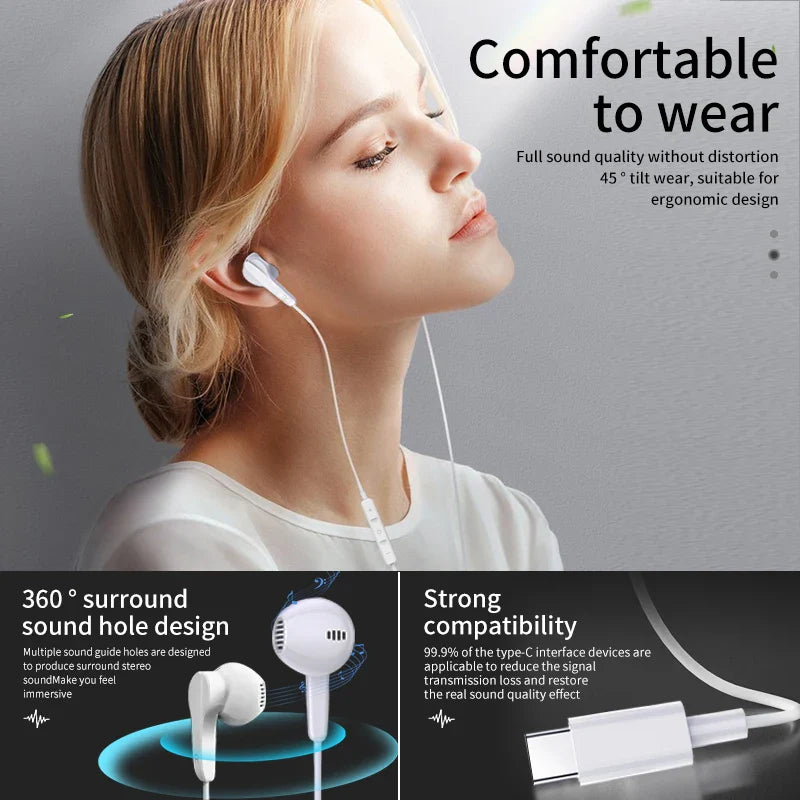 HKM-304915 Type-C Wired Earbuds with Microphone - In-Ear Sports Earphones for Samsung and OnePlus