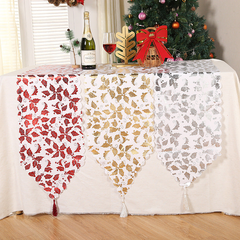 HKM-305043 Christmas Table Runner with Snowflake and Leaf Design, Red and Gold Accents, European Style Cloth Decor
