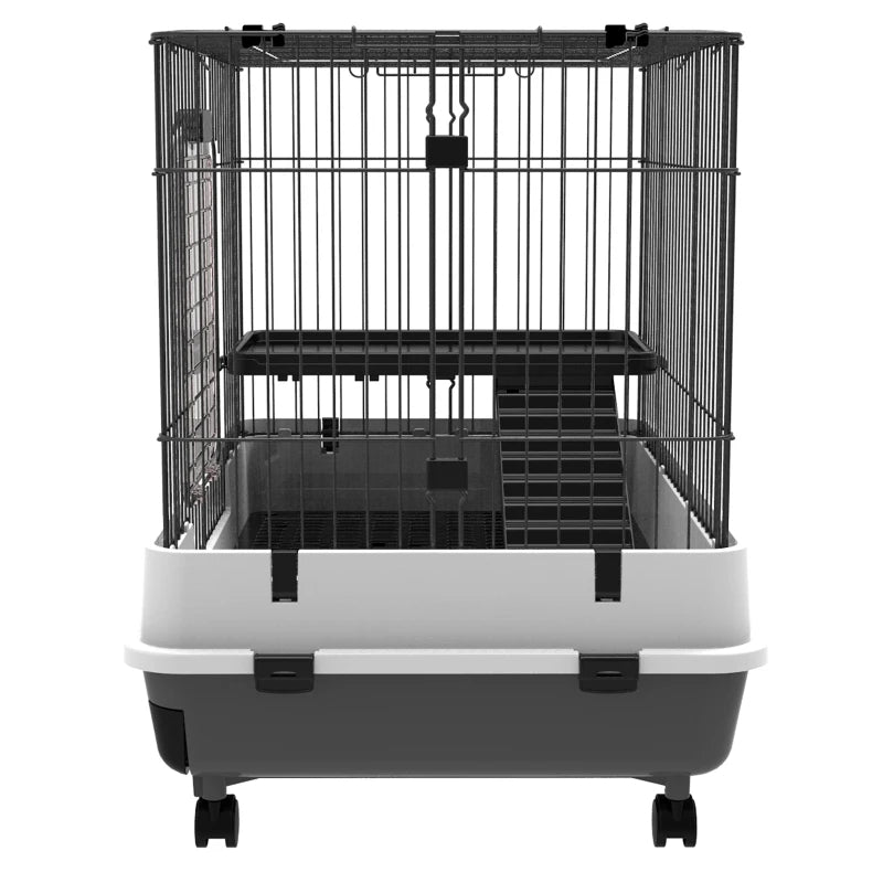 HKM-3052093 2-Level Small Animal Cage with Wheels, Removable Tray, Platform and Ramp for Rabbits, Chinchillas, and Ferrets - Black