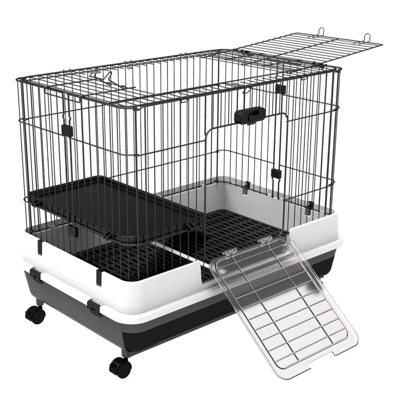 HKM-3052093 2-Level Small Animal Cage with Wheels, Removable Tray, Platform and Ramp for Rabbits, Chinchillas, and Ferrets - Black