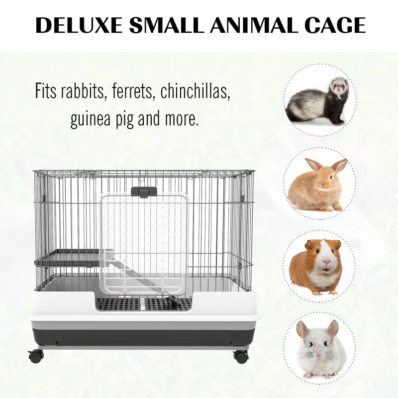 HKM-3052093 2-Level Small Animal Cage with Wheels, Removable Tray, Platform and Ramp for Rabbits, Chinchillas, and Ferrets - Black
