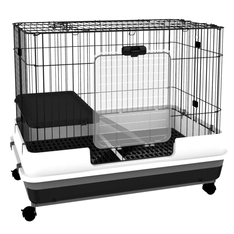 HKM-3052093 2-Level Small Animal Cage with Wheels, Removable Tray, Platform and Ramp for Rabbits, Chinchillas, and Ferrets - Black