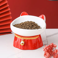 HKM-3054397 High-Footed Ceramic Cat Bowl with Neck Guard - Red Fire Cat Design, 200ml Capacity