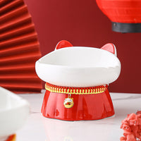 HKM-3054397 High-Footed Ceramic Cat Bowl with Neck Guard - Red Fire Cat Design, 200ml Capacity