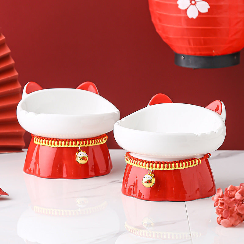 HKM-3054397 High-Footed Ceramic Cat Bowl with Neck Guard - Red Fire Cat Design, 200ml Capacity