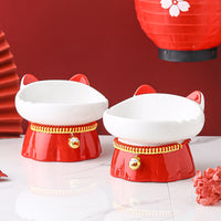 HKM-3054397 High-Footed Ceramic Cat Bowl with Neck Guard - Red Fire Cat Design, 200ml Capacity